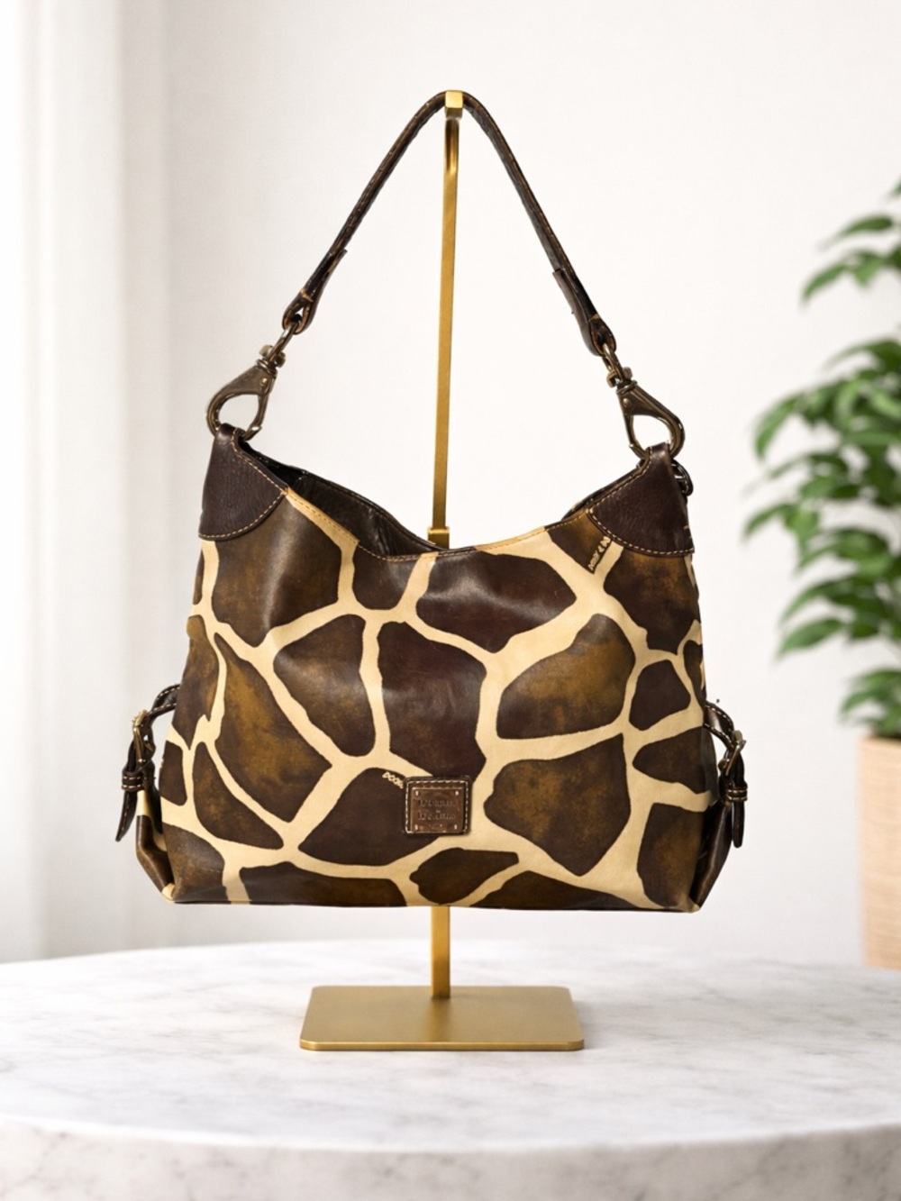 Dooney & Bourke Giraffe Print Leather Shoulder Bag in Brown and Cream